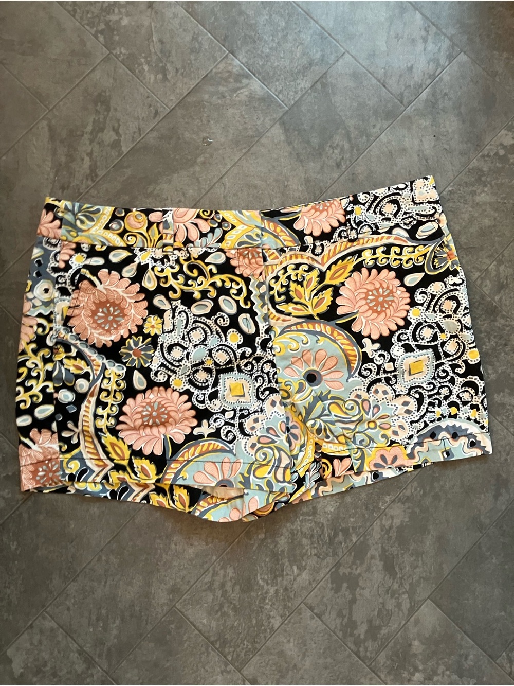 LOFT High Waist Floral Paisley Print Shorts - Black with Pink & Yellow